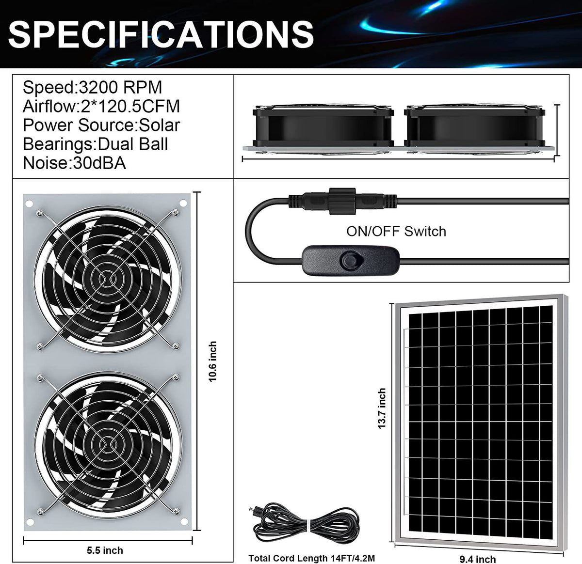 15W Solar Fan for Pet House with 2 DC Ventilators
